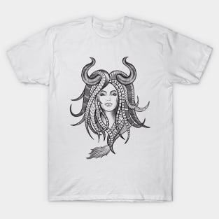 Confident Taurus Woman with Horns and Geometrical Tattoo Design T-Shirt